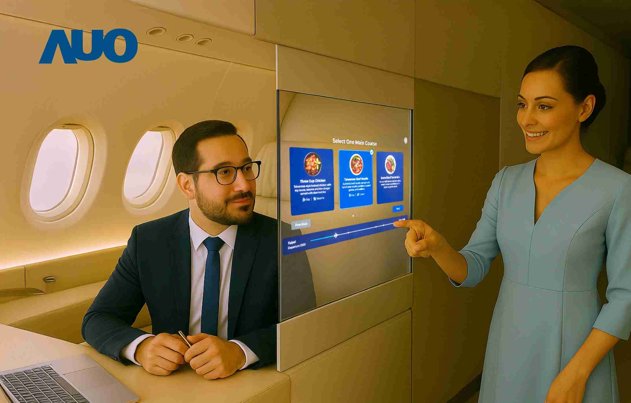 Wepay研发全球最薄17.3 吋双面透明 Micro LED 显示器，，，可在同一屏幕之双边投射不同信息，，，创造独特的”透明化”互动；图为实时翻译交流应用情境